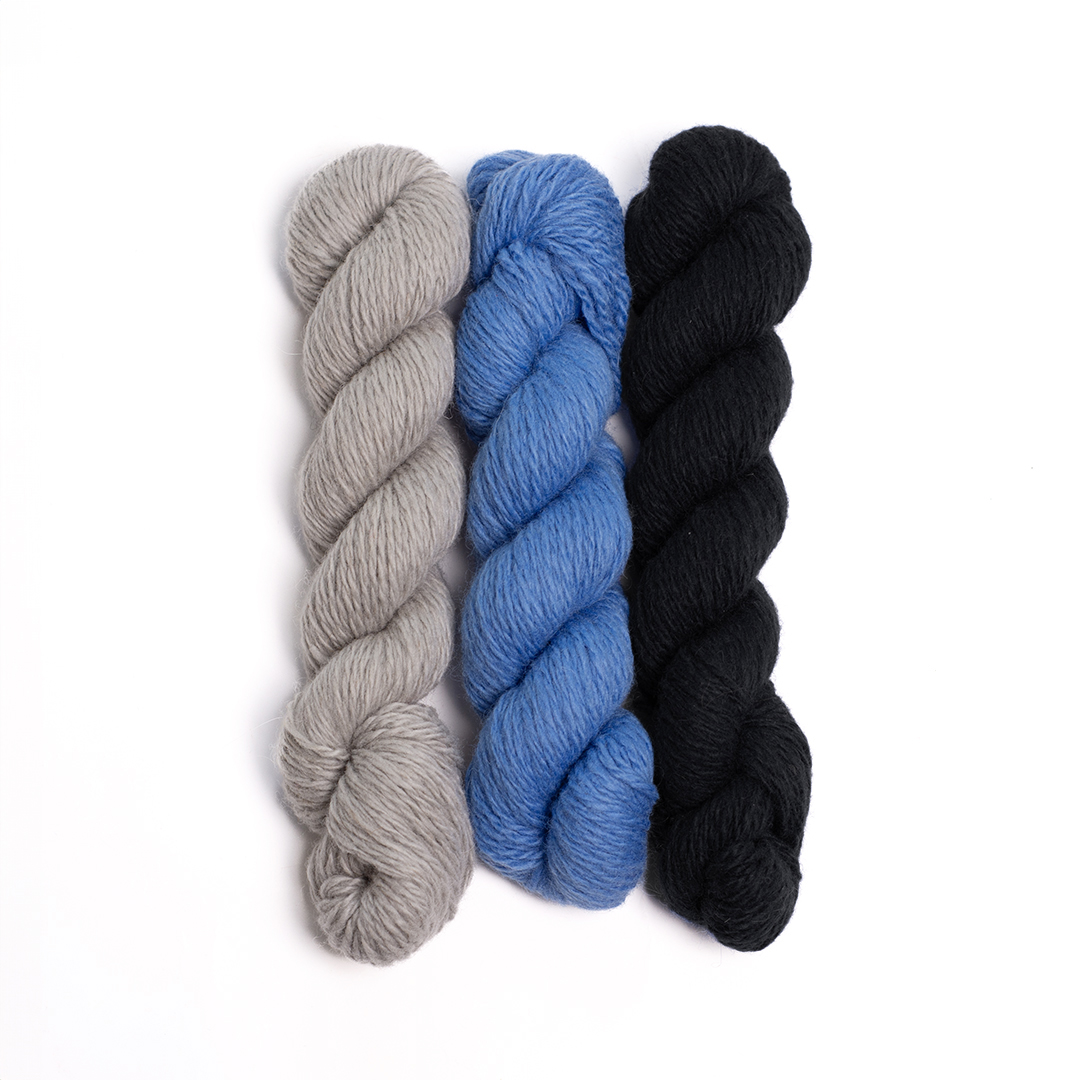 mYak_Yarns_Mini Skeins_Cladonia Corn Flower Blue Black Petunia_