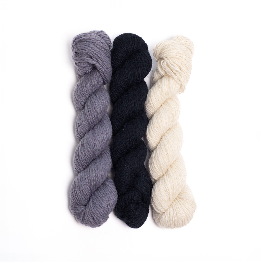 mYak_Yarns_Mini Skeins_Salice Grigio Black PetuniaWild Daisy_
