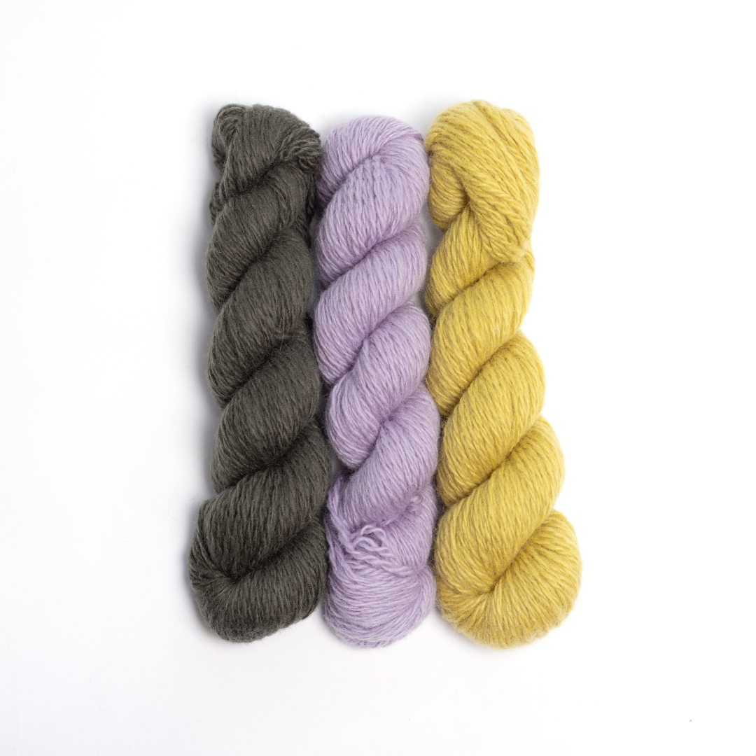 mYak_Yarns_Mini Skeins_Shaded Fern Twilight Violet Dandelion_