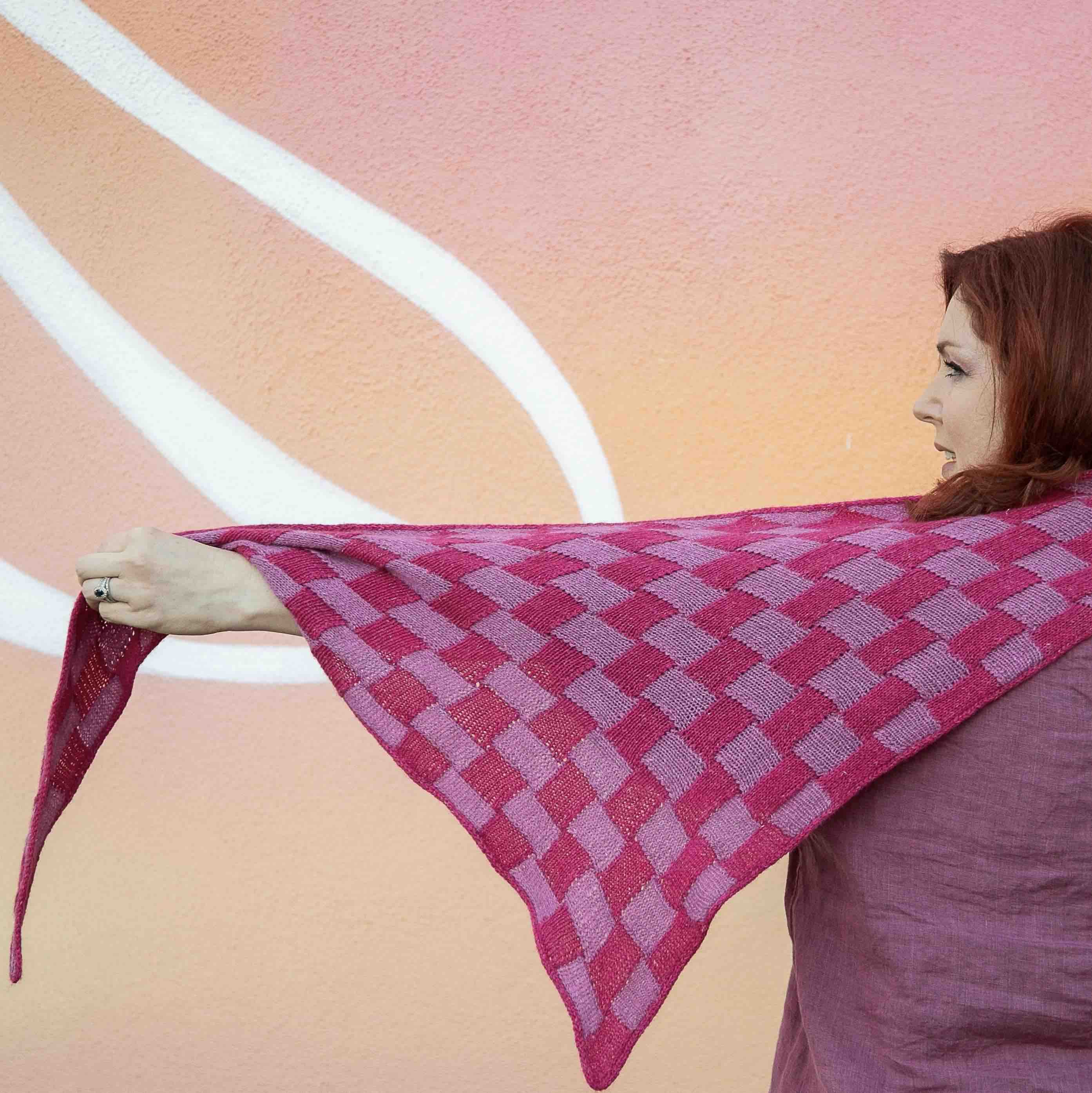 Expand shawl, an Entrelac knitting project by Pru Raymond, knit with Fior di Lino yarn.